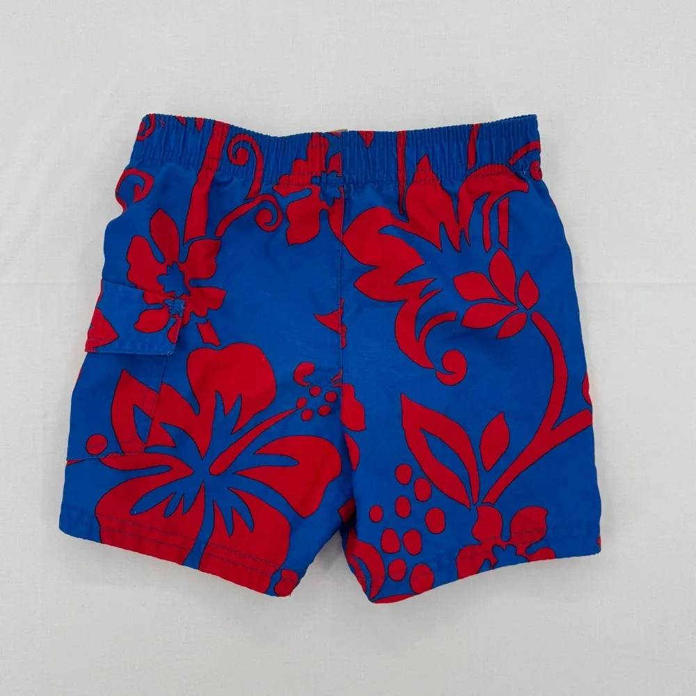 Ocean Pacific Boys Sz 18M Board Shorts Blue & Red Hibiscus Floral OP Swim Trunks